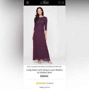 Alex Evenings lace & chiffon floor length gown size 12 color Deep Plum